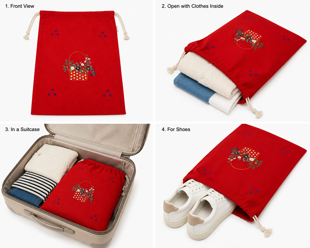 Embroidered Linen Travel Storage Bag