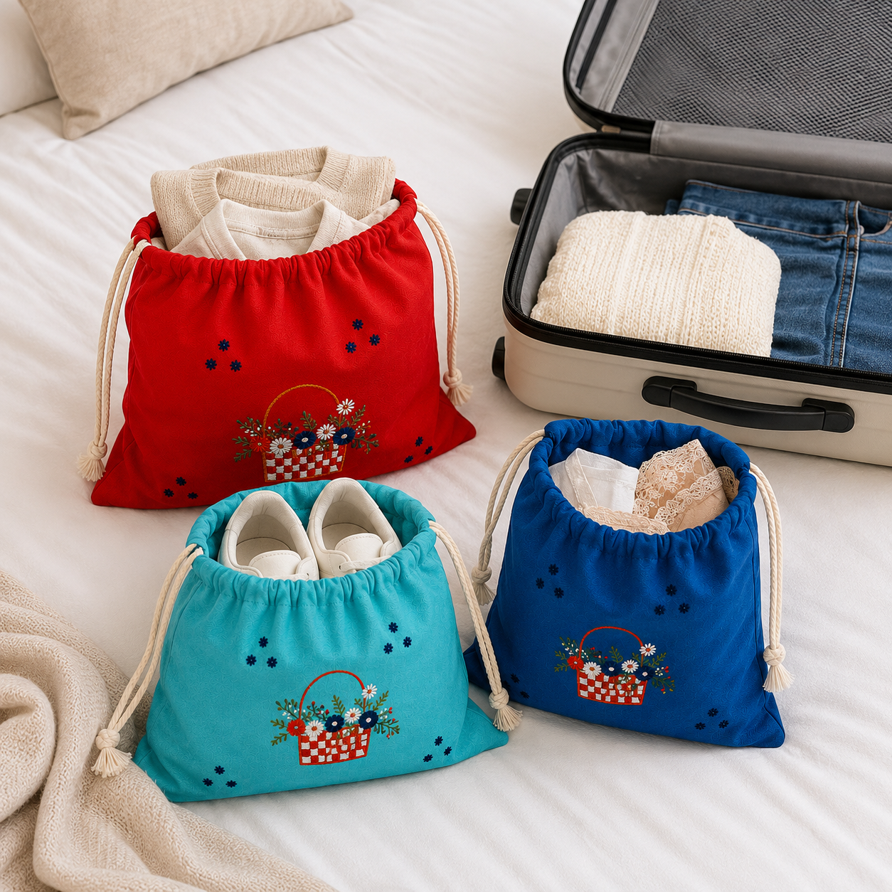 Embroidered Linen Travel Storage Bag