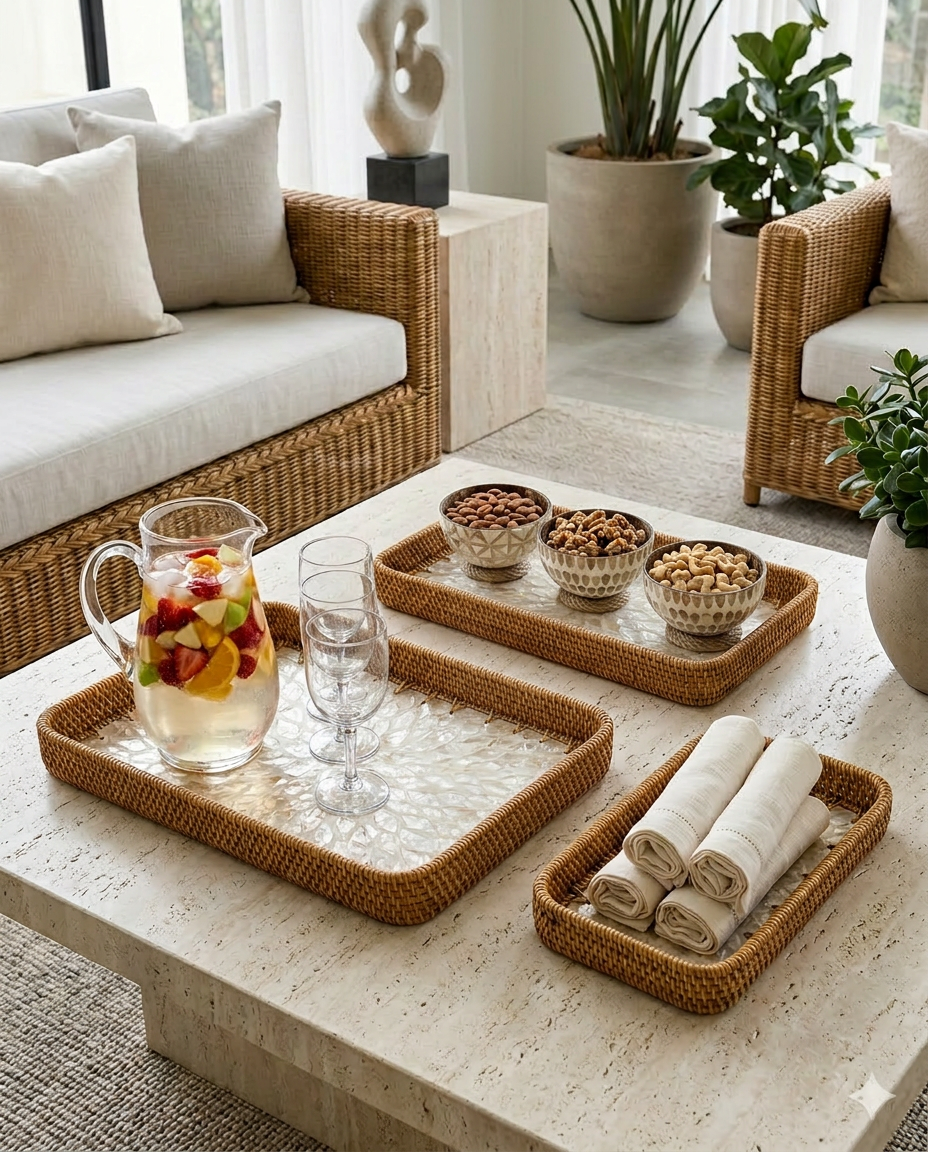 Handwoven Rattan & Mother of Pearl Tray Set