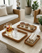 Handwoven Rattan & Mother of Pearl Tray Set