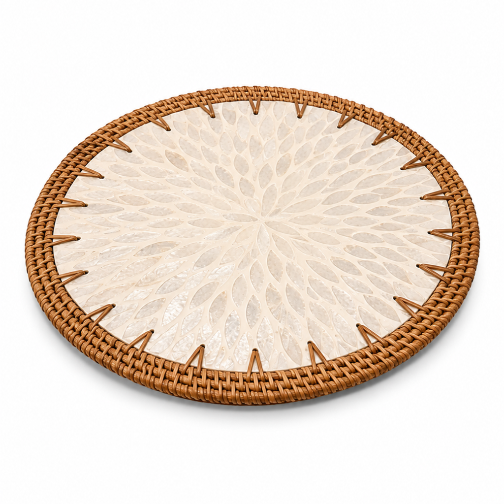 Handcrafted Mother-of-Pearl & Rattan Plate Charger | 4 AND MORE: $8 ea.