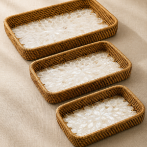 Handwoven Rattan & Mother of Pearl Tray Set - Image 4