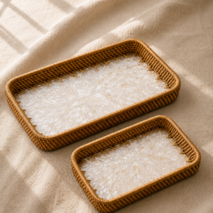 Handwoven Rattan & Mother of Pearl Tray Set - Image 3