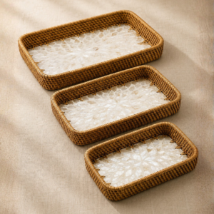 Handwoven Rattan & Mother of Pearl Tray Set - Image 1